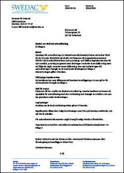 Swedac beslut, ISO 17025, Elastocon kalibrering 2018 